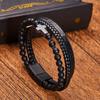 Pulseira masculina vintage multicamadas tecida à mão com pedra natural e couro, pulseira masculina de couro com contas