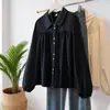 Camisa Feminina Plus Size de Cor Sólida com Manga Longa, Estilo Primavera e Outono, Estilo Francês, Corte Solto, Emagrecedor, Versátil, Blusa com Gola Peter Pan, Rejuvenescedor