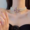 Corea del Sur Vintage Perla Diamante Borla Cadena de Cuello Celebridad Cibernética Sentido del Diseño Elegante Flor Lazo Cadena Clavicular Collar para Mujer
