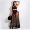Conjunto de Três Peças Novo da Moda Europeia e Americana Transfronteiriça, Sexy, com Saia Longa Plissada de Renda, Almofadas de Peito Removíveis e Tecido de Roupa de Banho