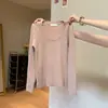 Suéter de punto suave y acogedor con cuello en U, puramente deseable y delicado para mujer, elegante camisa base de otoño e invierno ajustada con mangas largas