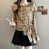 Camisa a Cuadros de Manga Larga Falsa de Dos Piezas Talla Grande mm para Mujer, Nuevo Top Corto con Cordones Off-Shoulder Otoño 2025