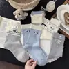 Meias Fofas Novas de Cachorrinho para Mulheres, Meias de Cano Médio, Meias de Algodão para Primavera e Outono, Meias Longas Modernas para Meninas com Renda de Laço de Desenho Animado