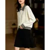 26 Cárdigan de Punto Patchwork Rayado Cuello Polo Estilo Perezoso para Mujer Atuendo de Alto Sentido Intelectual Suéter Abrigo Versátil para el Viaje Diario Mujer