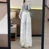 Pantalones de pierna ancha con cintura de encaje blanco para mujer, Nuevo estilo Verano 2026, Cintura alta, Adelgazantes, Pierna recta, Largos hasta el suelo, Casuales