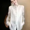 Camisa de Moda Trendy Nueva para Mujer Primavera y Otoño 2026 con un Diseño Elegante, Gasa de Doble Capa, Estampado Floral y Cuello Alto, Efecto Adelgazante