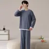 Pijama Masculino de Algodão Puro com Gola Redonda Primavera Outono Inverno Novo Alta Qualidade Manga Longa Calça Longa Tamanho Plus Casual Roupa de Casa Conjunto para Usar por Cima