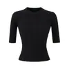 Top de punto ajustado con cuello redondo estilo Lujo Ligero para mujer, Nueva camiseta de manga corta de alta gama negra de Lyocell Tencel para verano