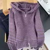 Cárdigan de Punto con Capucha a Rayas de Bloques de Color Perezoso Estilo Coreano Otoño/Invierno Nuevo Versátil Holgado Chaqueta Suéter con Cremallera Top