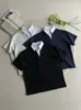 Camiseta tipo polo de alta calidad, estilo intelectual, falso dos piezas, Loka, capa de aire, a rayas, cuello en V, versátil, estilo "Old Money", manga corta