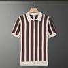 Polo masculino slim listrado britânico de manga curta, de malha de seda gelada de verão, manga curta, lapela casual juvenil, meia manga