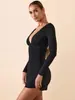 Vestido Europeo y Americano Aliexpress para Mujer 2025 de Escote en V Profundo en la Cintura con Mangas Largas para Mujer Delgado Moda Sexy Ceñido al Cuerpo Falda Corta