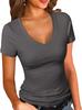 Europeo y Americano Aliexpress Amazon Camiseta Top de Verano para Mujer Ajustada Sexy Cuello en V Manga Corta Color Sólido con Diseño Patchwork