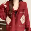 Suéter de punto casual holgado para mujer petite con patrón de rombos y solapa, cárdigan de punto casual, top de longitud media para mujer