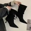 Botines de Tobillo de Piel de Ante Retro Coreanos con Punta Fina para Mujer 2026 Otoño/Invierno Nuevos Botines Acordonados Plegados Botas de Tacón Alto Delgado Elegantes