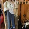 Pantalones anchos color arroz, para mujer, otoño e invierno, de cintura alta, fluidos, hasta el suelo, de punto, de pierna recta, casuales