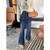 Duas versões~! Calças boca de sino femininas de perna longa com elasticidade em quatro direções, jeans emagrecedor de cintura alta, novidade do início do outono de 2026