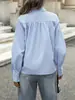 Camisa Ligera Azul Claro Estilo Coreano Ins con Cuello Cuadrado, Botonadura Simple, Mangas de Linterna, Corte Holgado, Adelgazante, Elegante, Versátil
