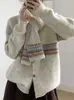 Cárdigan de punto Fair Isle para mujer, combinado con una bufanda, nuevo estilo otoño/invierno, corte holgado, cálido, prenda exterior tejida, conjunto de dos piezas, moderno