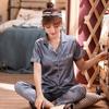 Tallas Grandes Primavera y Verano Manga Corta Pantalones Largos Cárdigan Solapa Seda Sintética Ropa de Casa Pijama Set Venta al por Mayor Lujo