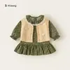 Roupa infantil Bangxuan conjunto de saia infantil saia floral de renda colete de lã conjunto de duas peças para bebês roupa de outono para meninas