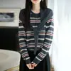 Cardigã de tricô listrado com gola redonda e xale combinando para mulheres, um conjunto de duas peças com fecho de botões de uma fileira, estilo retro, de caimento solto, perfeito para usar na primavera e no outono como peça externa ou blusa de tricô