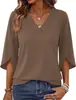 Top de mujer con cuello en V, abertura y mangas acampanadas, corte holgado, caída fluida, camiseta de manga tres cuartos, ropa casual para mujer al por mayor, estilo europeo y americano transfronterizo
