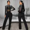 C7579 Transfronteiriço Aliexpress Amazon Moda Europeia e Americana Feminina Sexy Transparente Malha Strass Macacão de Manga Longa