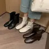 Botines cortos de piel de oveja de dos capas con tacón grueso para mujer, nuevos botines de otoño e invierno con punta redonda y tacón medio con cremallera trasera, botines cortos ajustados de estilo coreano para mujer