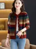 Cárdigan de punto a rayas retro para mujer, otoño e invierno, abrigo suéter abotonado de cuello redondo, estilo juvenil, top exterior de bloques de color