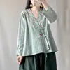 Camisa estilo retrô, abotoada, de algodão, com bordado chinês, gola assimétrica, Hanfu modernizado, novo vestido de chá, modelagem solta, top cardigã artístico