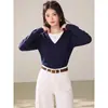 Suéter feminino casual de gola macia azul marinho, estilo duas peças, manga longa, para outono e inverno, elegante e solto