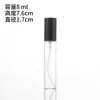 Botella pulverizadora transparente y delgada de 17 mm con tapa de rosca, para dispensar pequeñas cantidades, con tapa negra, hecha de vidrio engrosado y con mecanismo de botón pulsador.