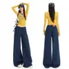 Jeans de trabalho azul retro americano, perna larga solta para mulheres, novas calças casuais de cintura alta, afuniladas e com caimento