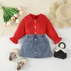 Ropa Infantil 2025 Conjunto de 2 Piezas para Bebé: Camisa de Encaje con Cuello Solapa Elástica en 4 Direcciones y Falda de Mezclilla - Atuendo de Verano para Niñas