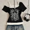 Ins Transfronteiriço Tendência Europeia e Americana Transfronteiriça Verão Nova Moda Estampa Gótica Terno de Camiseta de Manga Curta Feminina Atacado