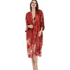 Pijama de Seda Artificial con Grullas Primavera Verano Mujer Verano Largo Rojo Bata de Dama de Honor Bata de Novia para la Mañana Camisón Sexy para Casa Venta al por Mayor