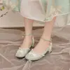 Zapatos de estilo nacional Pearl 28wish para comercio exterior, traje Tang, cheongsam, bordado, 43, zapatos de capa única, nuevos zapatos de tacón medio 2024 con botones gruesos para mujer
