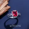Anel Retangular Ajustável de Coríndon Vermelho, Safira, Espinélio de Luxo Leve com Zircônia Completa, Anel de Cobre Esmeralda Vintage para Mulheres