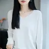 Suéter de malha V-neck de algodão puro estilo minimalista para mulheres, top suéter fino de cor sólida, camisa base versátil 100% algodão