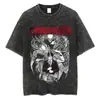 Camiseta Vintage Lavada do Anime Chainsaw Man com Gola de Marinheiro e Padrão Listrado, Camiseta Unissex Respirável e Confortável, Fabricada na China