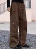 Pantalones Cargo Plegados de Bolsillos Múltiples Estilo Retro Americano Street Style Modernos Sueltos Versátiles Pierna Ancha Casual Rectos