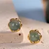 Brincos de Tarraxa de Prata S925 Banhada a Ouro com Pedra Jade Azul Água, Flor de Pérola Redonda Pequena, Moda Feminina Casual