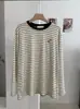 KEKEZOON Camiseta Manga Longa Solta Comprimento Médio Gola Redonda Listrada Color Block Bordado de Cachorro Atacado para Mulheres 8838