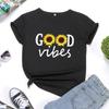 Comercio exterior Buena vibra girasol Estampado inglés Camiseta de mujer manga corta cuello redondo Camiseta top de mujer