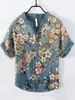 Camisa de Manga Corta con Cuello en V de 3 Botones, Estampado Digital, Paisaje de Carpas 3D Digital con Transferencia de Calor, Transfronteriza Europea y Americana 2024