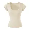 Camiseta Top de Mujer 2026 Primavera/Verano Nuevo Ajuste Delgado Color Sólido Diario con Adorno de Encaje Cuello Redondo Manga Corta
