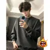 Moletom Cleanfit masculino cinza mescla com forro de fleece, camiseta de manga longa estilo americano pesada para outono e inverno, ombro com caimento regular, ideal como camada interna