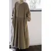 Em Estoque, Outono e Inverno Veludo Cotelê Texturizado Artístico Doce Vestido de Manga Bufante Cáqui Solto de Manga Longa