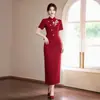 Nuevo Traje Falda Estilo Chino Cuello Alto Manga Corta Bordado Rojo Falda Larga Estilizada Digna Falda Larga Estilo Nacional Vestido Formal